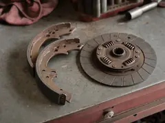 Worn vintage brake shoes and a clutch plate that once held asbestos