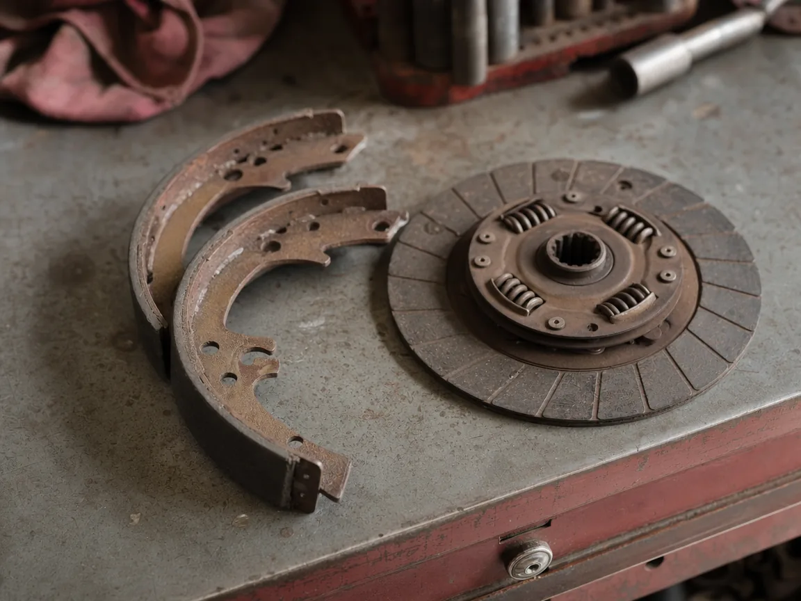 Worn vintage brake shoes and a clutch plate that once held asbestos