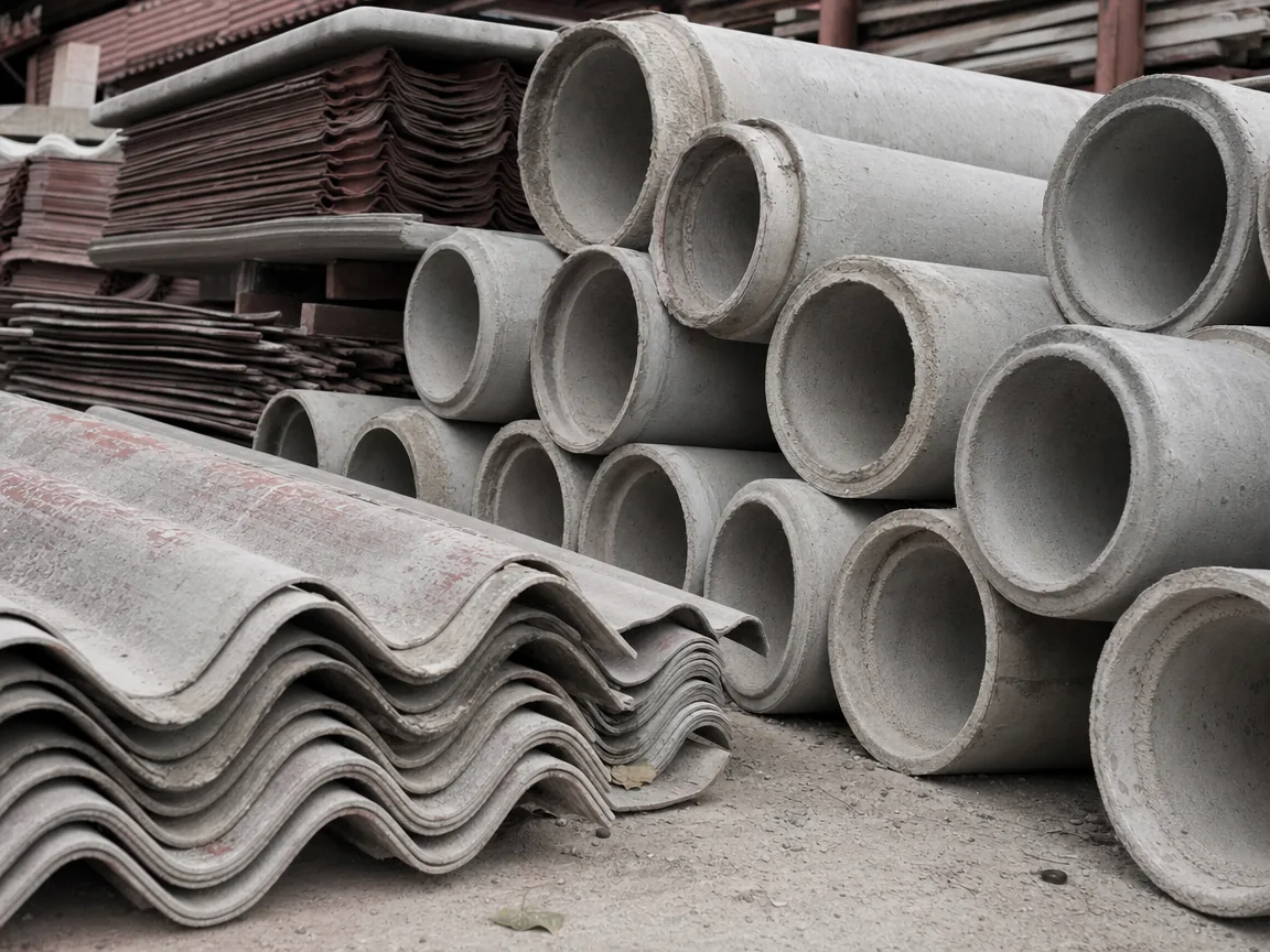 Stacked asbestos cement pipe and corrugated cement roofing sheets