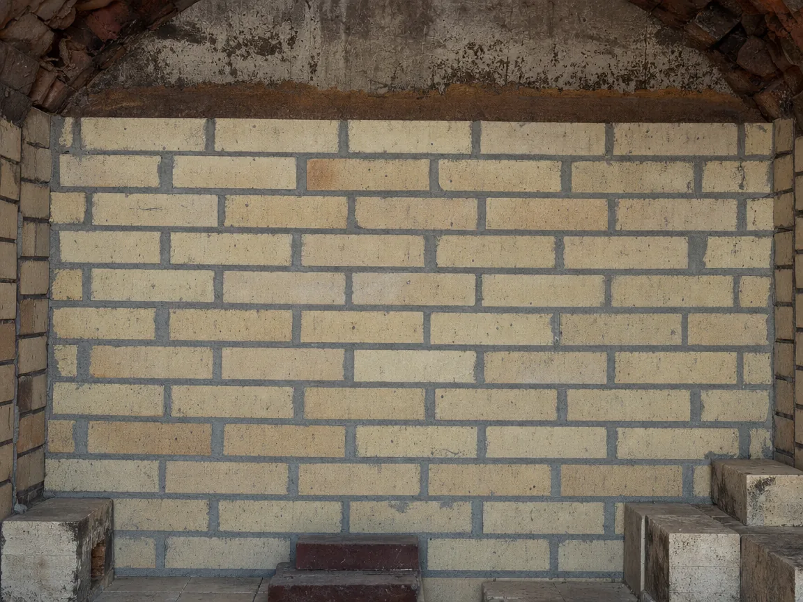 Firebrick and refractory cement lining an old steel mill furnace