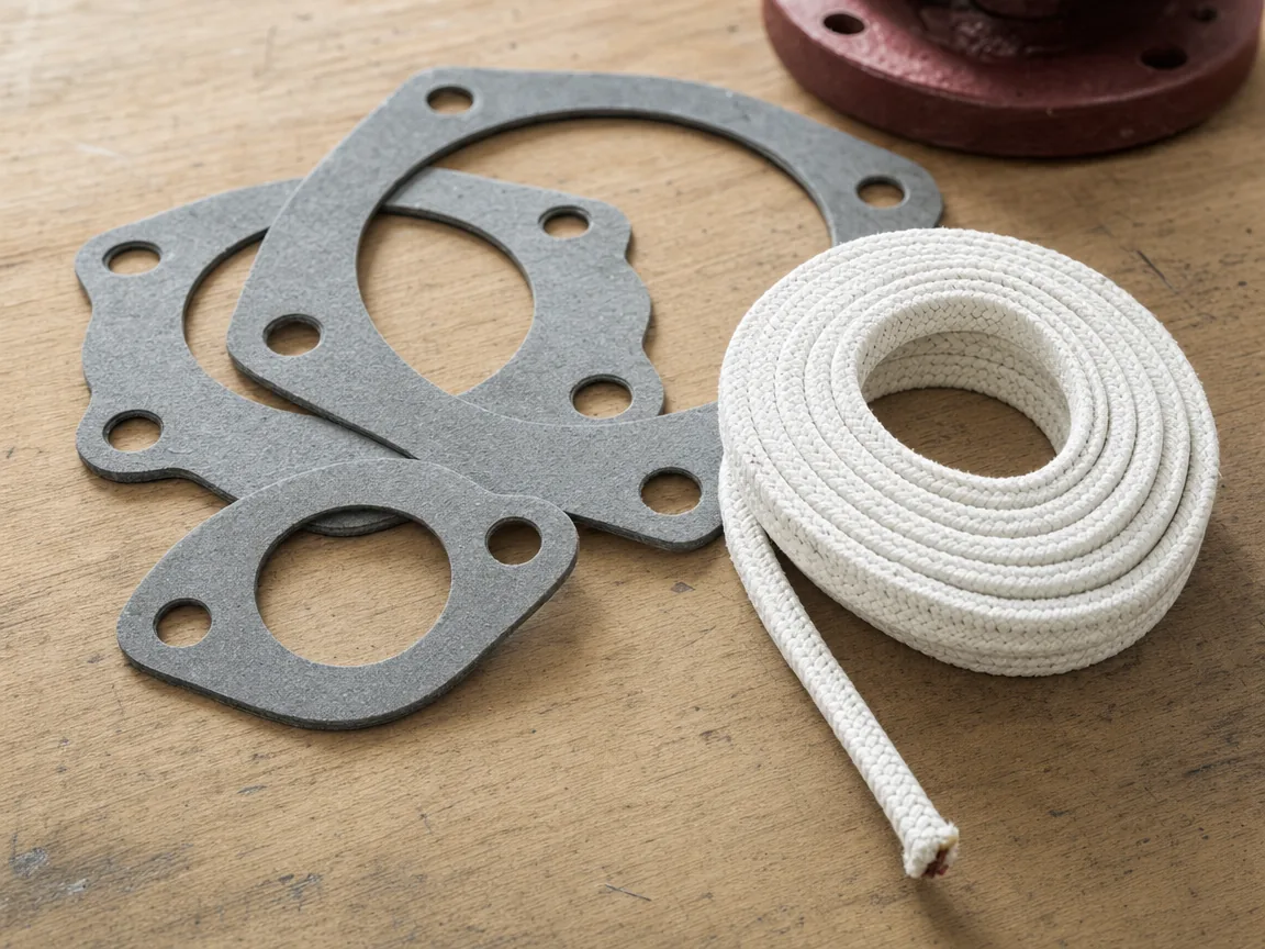 Asbestos sheet gasket and braided valve packing on a pump flange