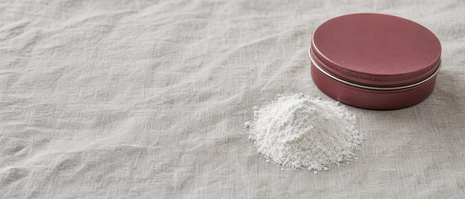 White talc powder beside an old unlabelled powder tin