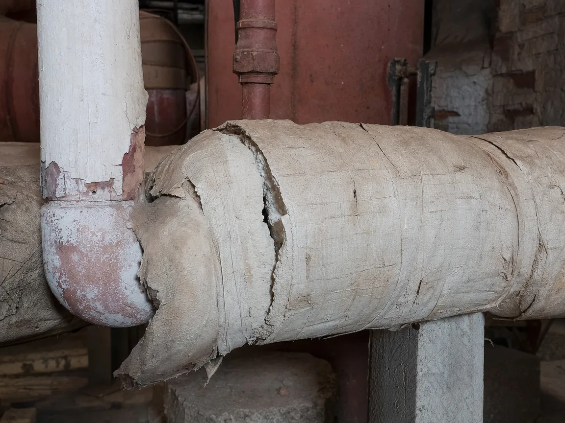 Old asbestos pipe and boiler insulation lagging in a basement boiler room