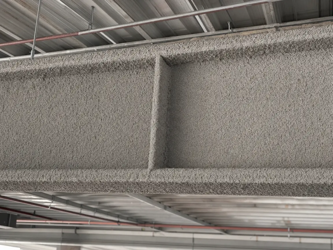 Spray-on asbestos fireproofing on steel beams with loose vermiculite